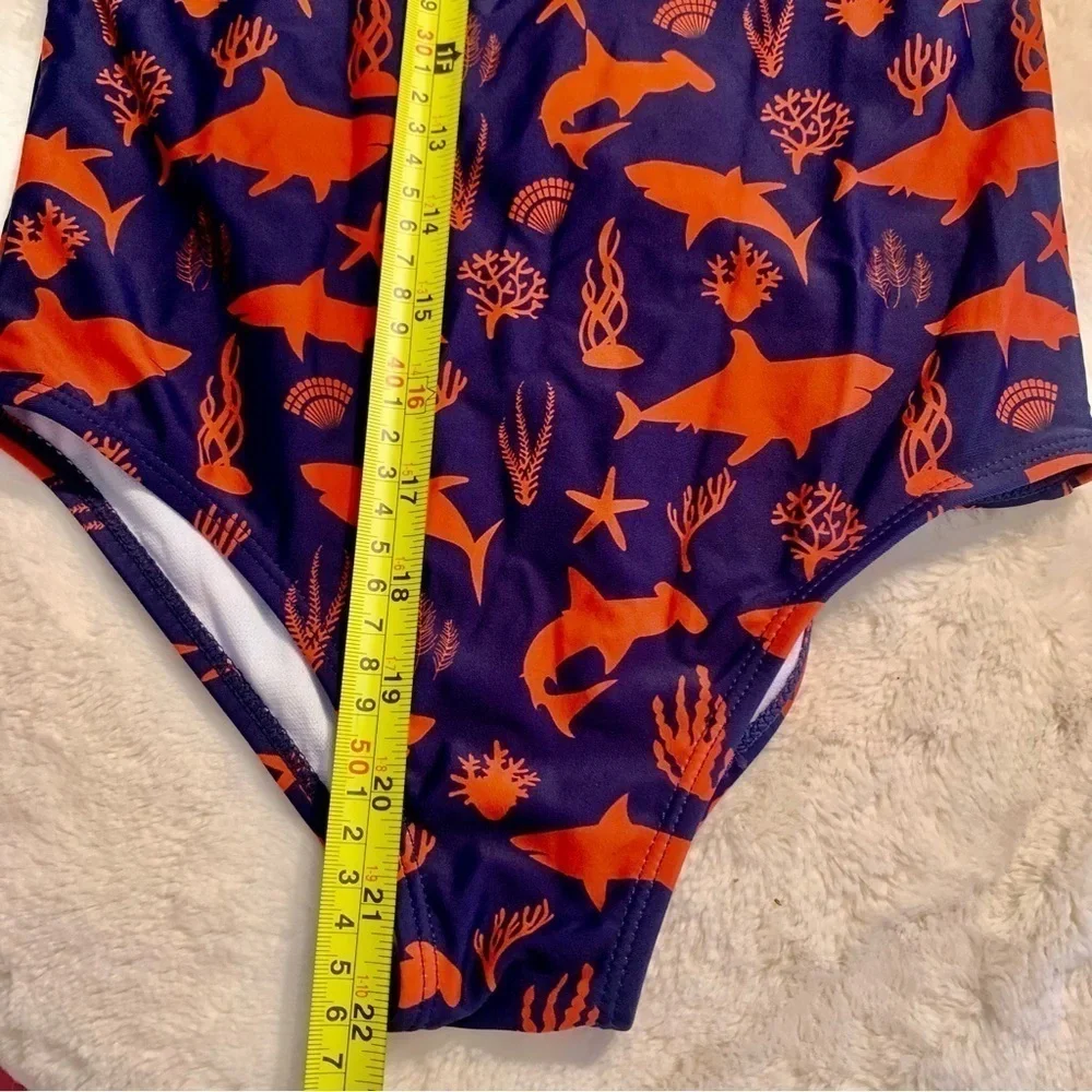 NWT Girls Swimsuit Sz 12 (Girls) One-Piece Dark Blue Red Shark Ocean Pattern